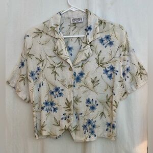 Jaclyn Smith Sport Blue & Green Floral Button Front Top Tie Back Size L